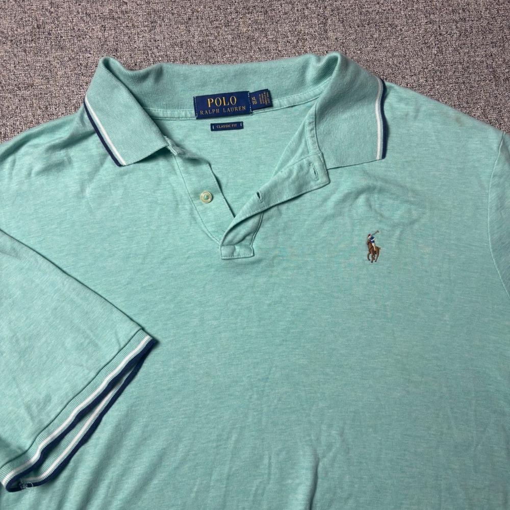 Polo Ralph Lauren Polo Shirt Mens XL Classic Fit Mint Green Tipped Short Sleeve